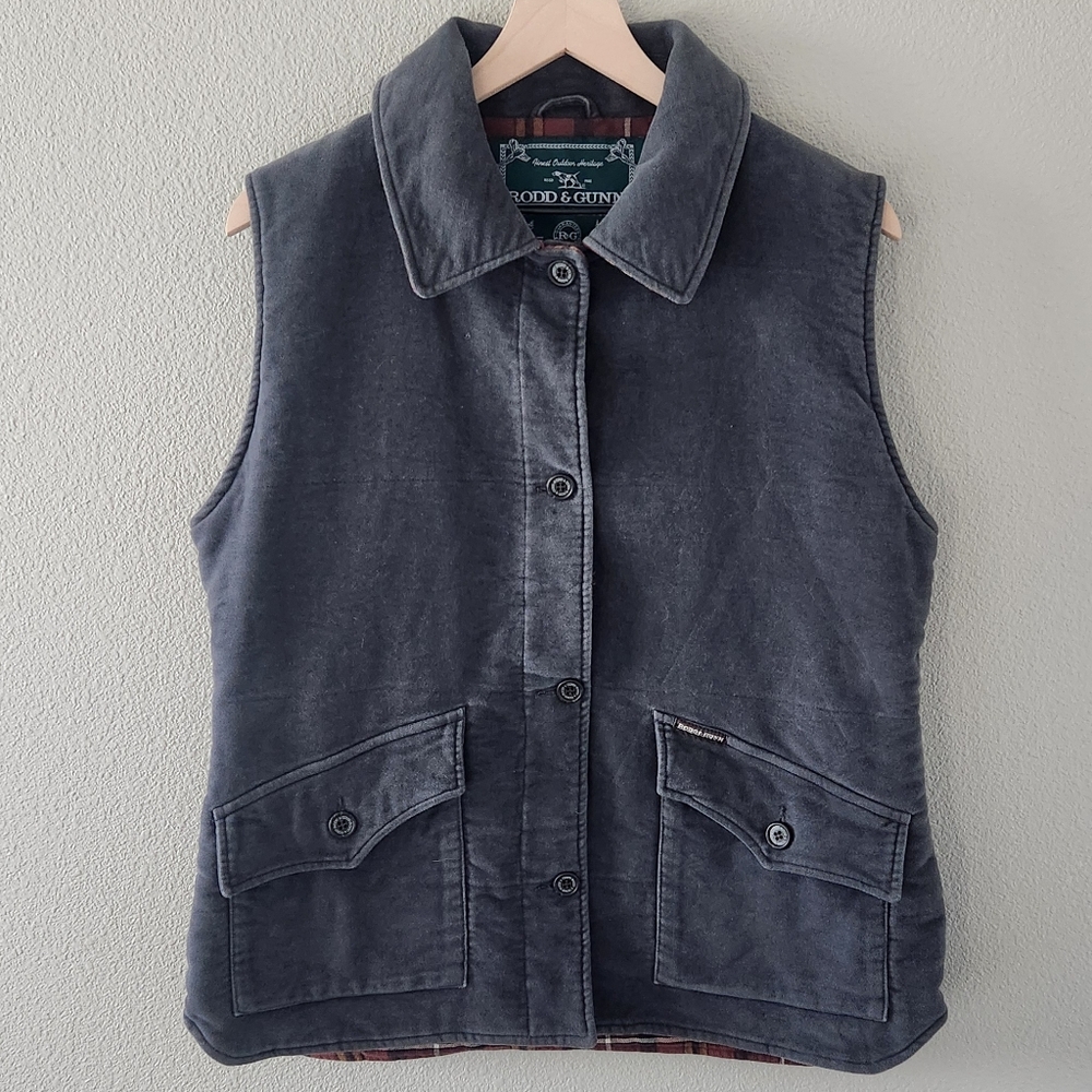 Rodd & Gunn Vest Large Charcoal Gray Plaid Flannel Button Up Soft Suede Feel